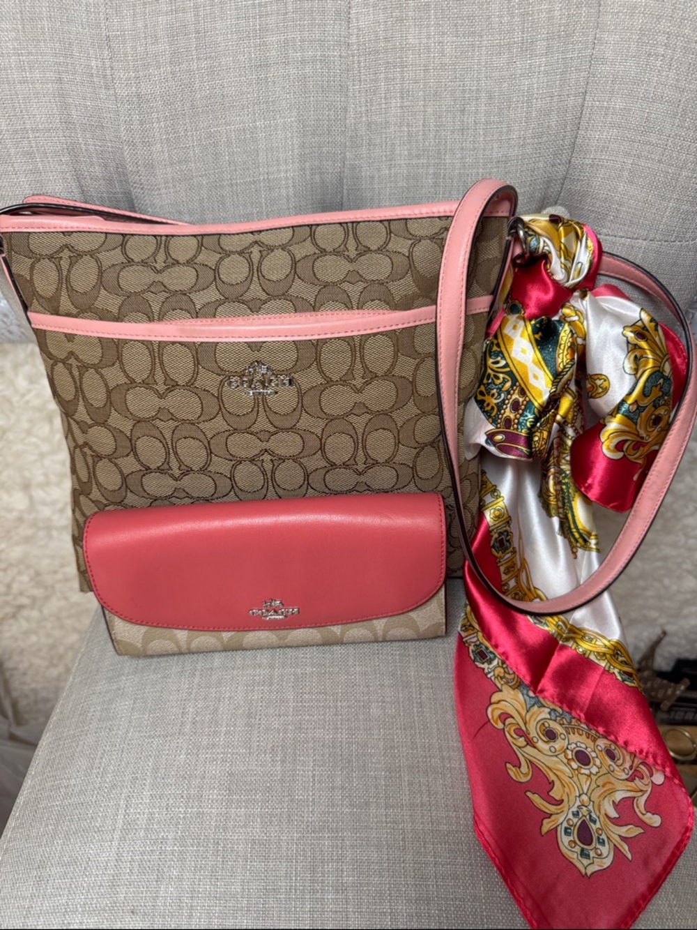 Coach Tan Signature Canvas Shoulder Bag with Pink Leather Trim